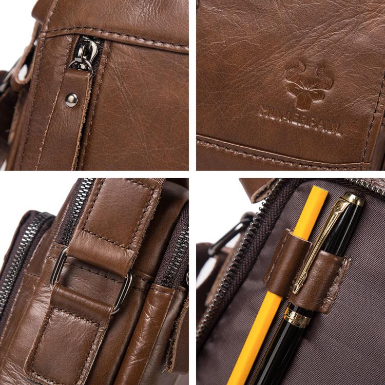 Brown leather bag detail: stamped logo, zipper, side slip pocket and strap clips