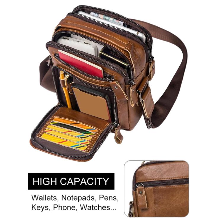 Brown leather crossbody bag with multiple compartments, card sleeves, and zipper pockets