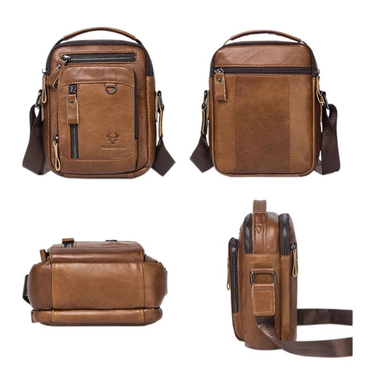 Brown leather vintage crossbody bag shown from front, back, side, and bottom angles
