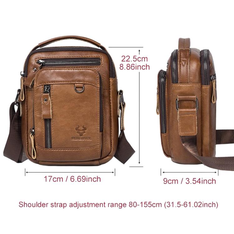 Brown leather crossbody bag with front and side views and adjustable shoulder strap