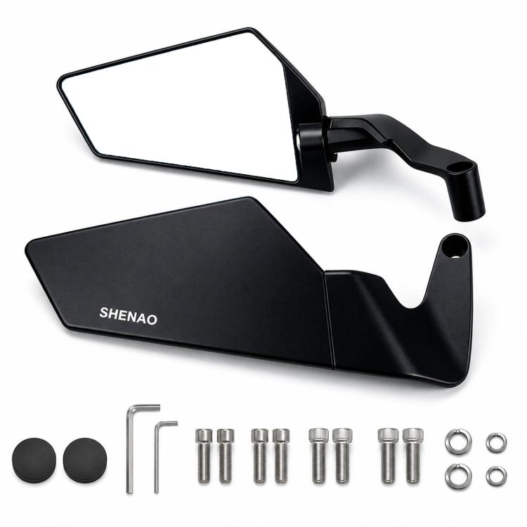 Clear/white flip-up motorcycle rearview mirror with black mount and hardware set