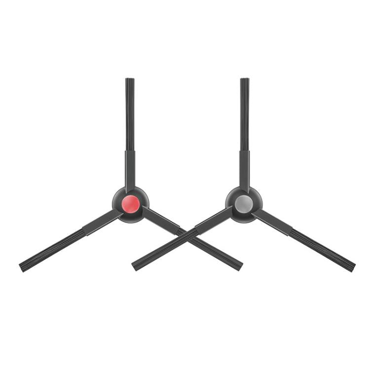 Two side brush assemblies for robot vacuum, black bristles with red center and grey arms.
