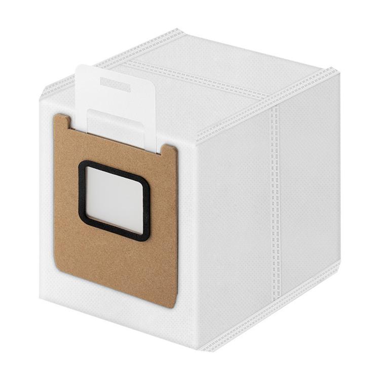 Robot vacuum dust bag with white fabric body and tan front panel with viewing window.
