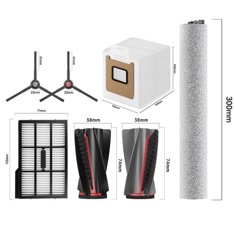 Replacement accessories kit with side brushes, filter, roller brushes, mop roller, and dust bag.