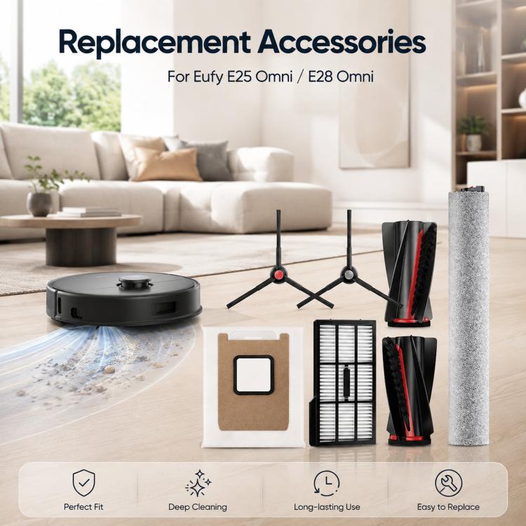 Robot vacuum replacement accessories set with side brushes, filters, rollers, mop roller, and dust bag.