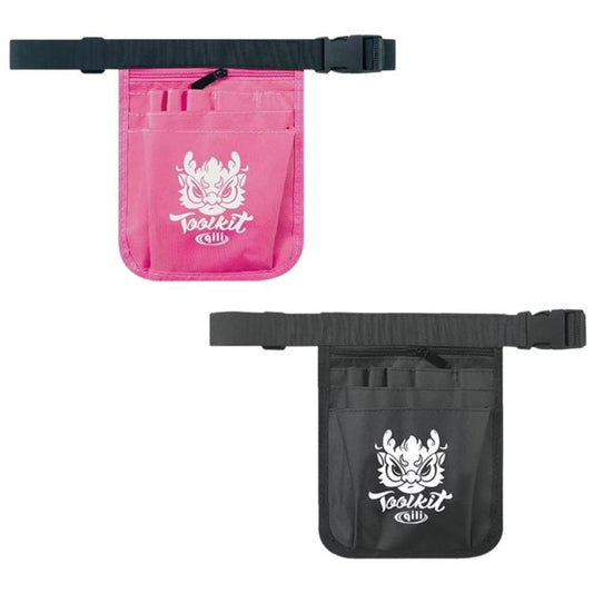 Black and light pink waist pouches with buckles and front logo pockets.