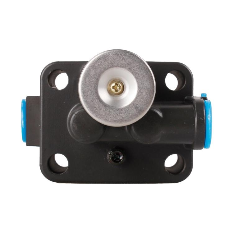 Black valve mounting base with round silver metal cap and blue side fittings