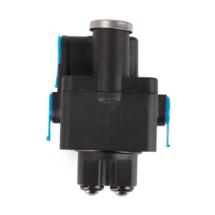 Black air valve body with blue clips and two bottom electrical terminals