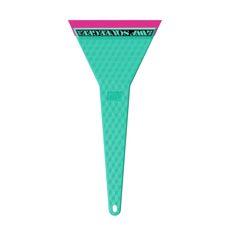 Teal triangular water-squeezing glass scraper with pink edge strip and hanging hole