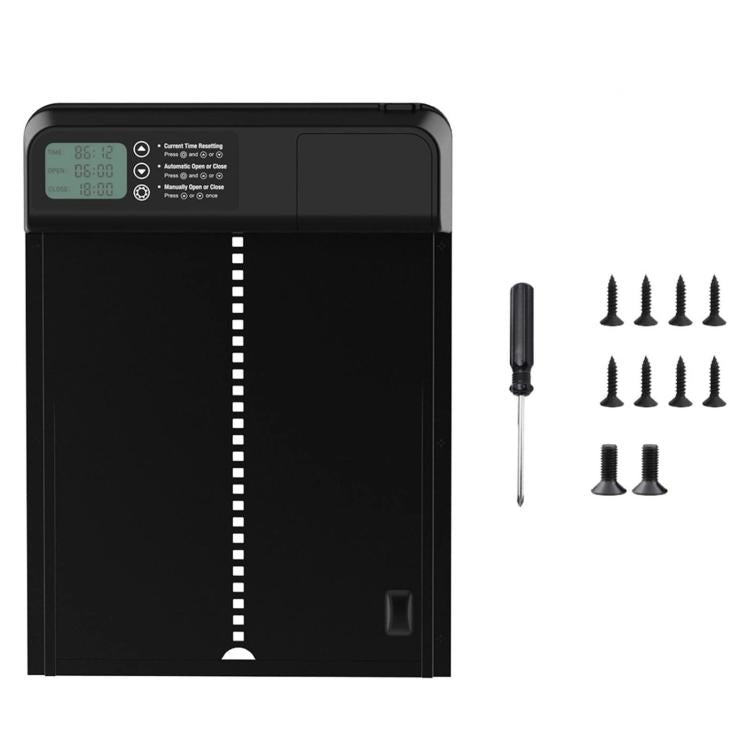 Automatic chicken coop door opener with LCD control screen and included mounting screws