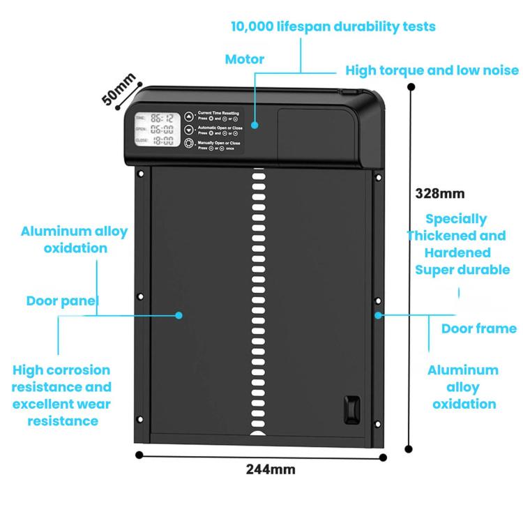 Automatic chicken coop door opener, black frame panel with vertical indicator lights
