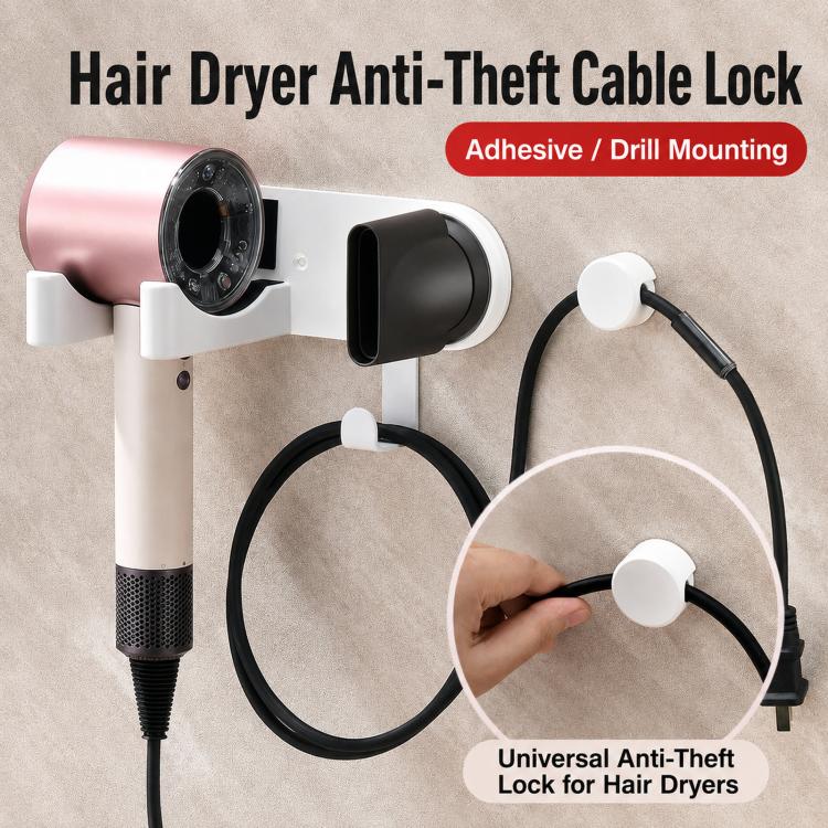 Wall-mounted cable lock holder securing a hair dryer with a routed power cord