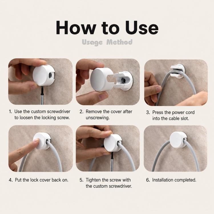 White cable lock usage steps showing cord placement and locking cover on the mount
