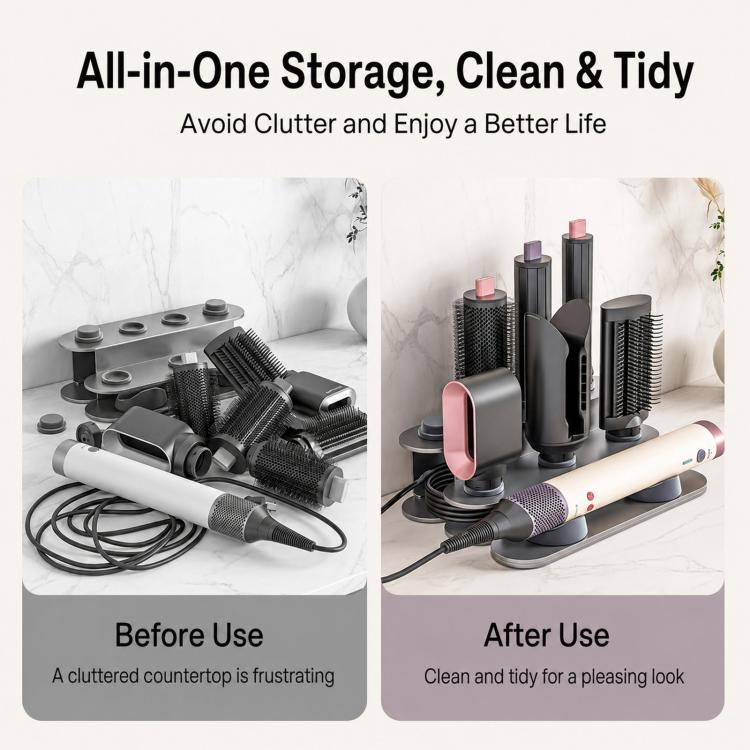 All-in-one countertop storage stand holding hair tool and brush attachments neatly