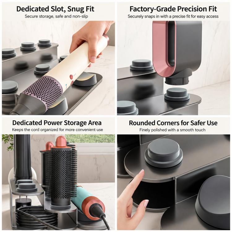 All-in-one attachment stand with dedicated slots for hair tool storage and cord