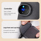 Gray heated knee massager controller with large hook-and-loop strap, shown close-up