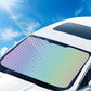 Car windshield sunshade with rainbow geometric pattern, arched fit across glass
