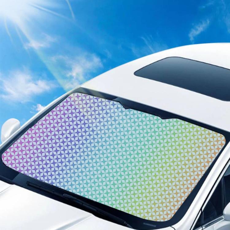 Car windshield sunshade folded over windshield, rainbow lattice pattern panel