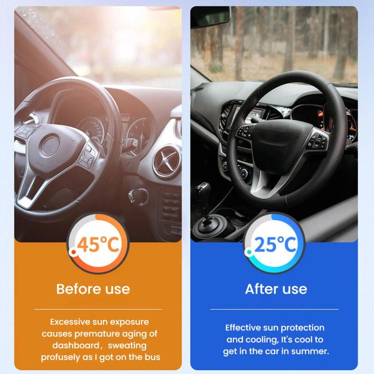 Car interior with windshield sunshade in place for reduced heat buildup