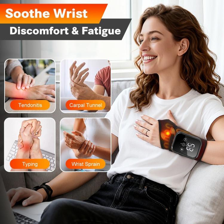Heated wrist massager worn on the forearm with black wrap and control screen