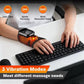 Heated wrist massager with orange glow on black wrap, control remote on top