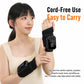 Heated wrist massager held near wrist, black wrap with control screen attachment
