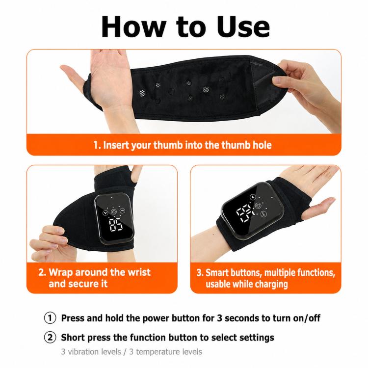 Heated wrist massager strap with thumb loop and control screen for secure wrap