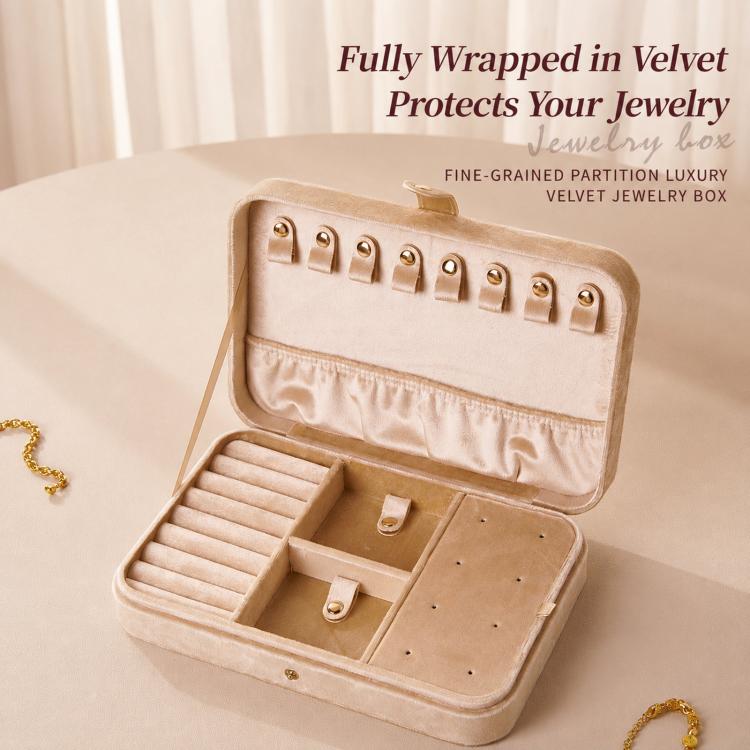 Beige velvet jewelry box with hinged lid and clasp, fully wrapped for jewelry protection