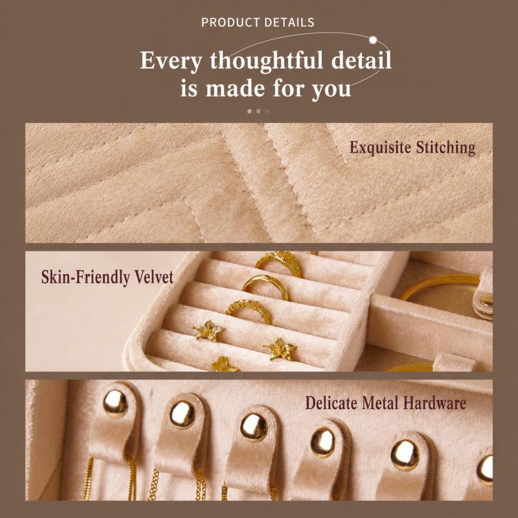 Beige velvet jewelry box detail showing plush compartments and gold-toned earring hooks
