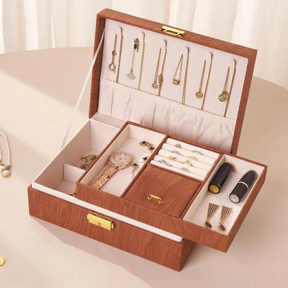 Wood Grain Jewelry Box 2-Layer Lockable Jewelry Organizer Case with Key & Removable Dividers
