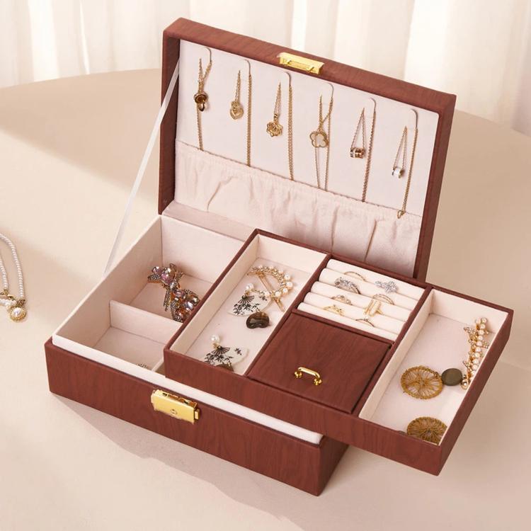 Wood Grain Jewelry Box 2-Layer Lockable Jewelry Organizer Case with Key & Removable Dividers