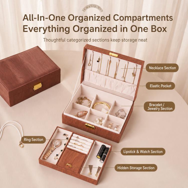 Wood Grain Jewelry Box 2-Layer Lockable Jewelry Organizer Case with Key & Removable Dividers
