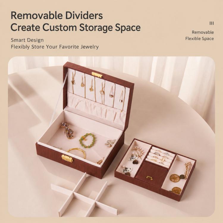 Wood Grain Jewelry Box 2-Layer Lockable Jewelry Organizer Case with Key & Removable Dividers
