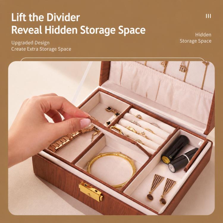 Wood Grain Jewelry Box 2-Layer Lockable Jewelry Organizer Case with Key & Removable Dividers