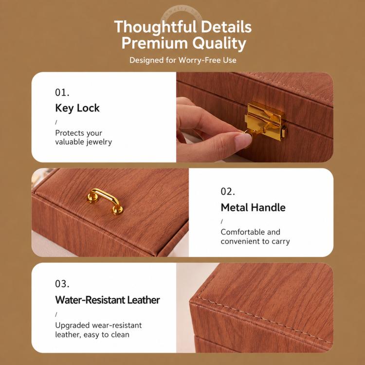 Wood Grain Jewelry Box 2-Layer Lockable Jewelry Organizer Case with Key & Removable Dividers