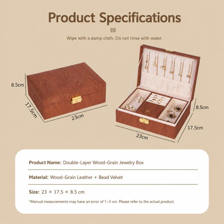 Wood Grain Jewelry Box 2-Layer Lockable Jewelry Organizer Case with Key & Removable Dividers