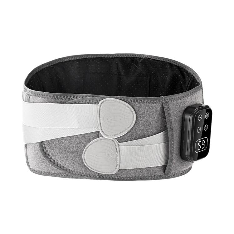 Gray heated waist belt massager with dual oval pads and right-side control unit