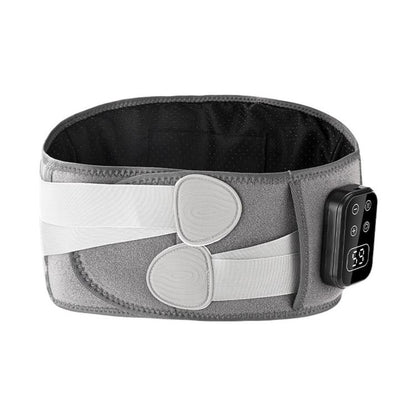 Gray heated waist belt massager with dual oval pads and right-side control unit