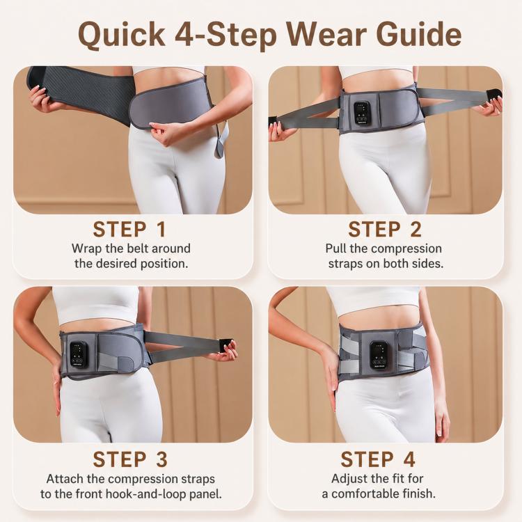 Heated waist belt worn around waist with front control module and fabric straps