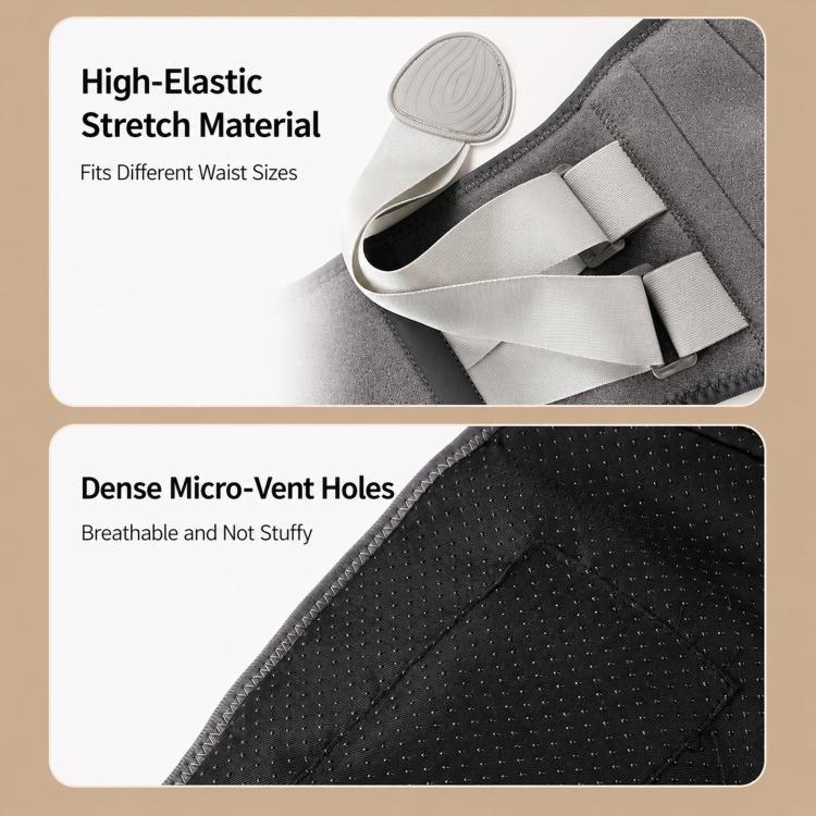 Gray heated waist belt with adjustable elastic straps and oval massage pads