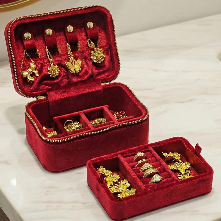 Dark red velvet travel jewelry box with double zipper, open with necklace, ring and earring holders