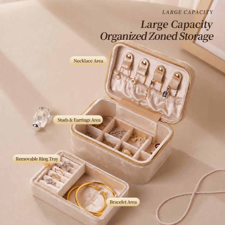Cream beige velvet jewelry box with double zipper and removable ring tray organizer compartments