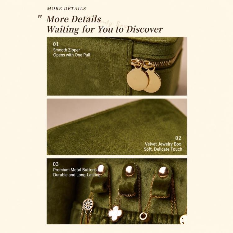 Emerald green velvet jewelry box detail: smooth zipper and metal button tabs inside