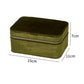 Emerald green velvet travel jewelry box, 15cm x 11cm x 7cm, zip-top compact case
