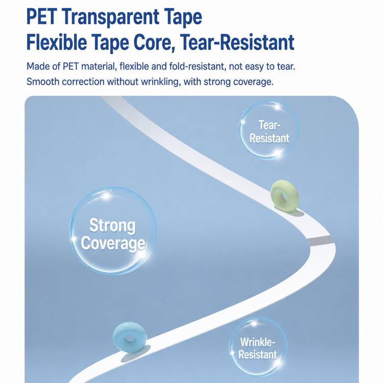 Transparent PET correction tape highlighting strong coverage and tear-resistant design