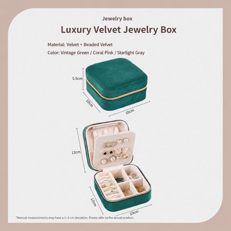 Mini velvet travel jewelry box with velvet exterior and open divider trays, size shown