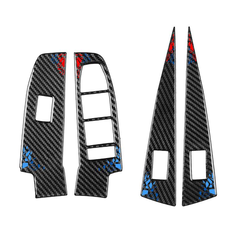 Carbon fiber window lifter control panel sticker set with blue accent switch cover and fins