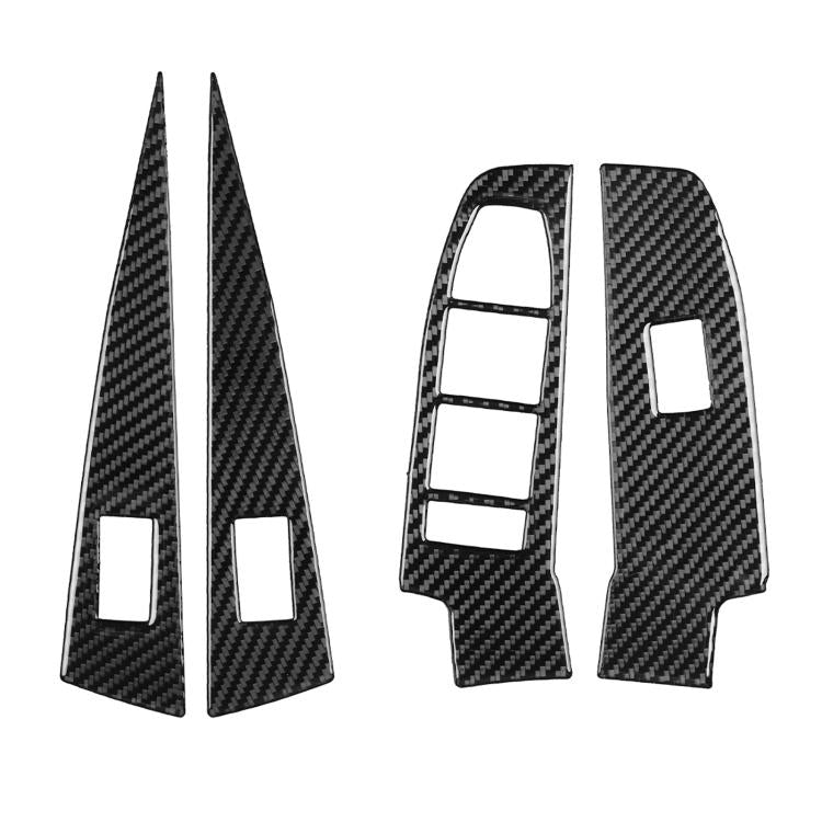 Carbon fiber window lifter control panel sticker set with two long trim fins and switch cover