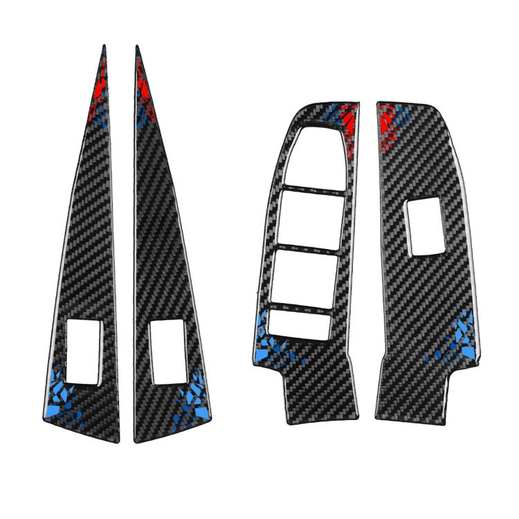 Carbon fiber window lifter control panel sticker set with blue accent switch cover and two fins