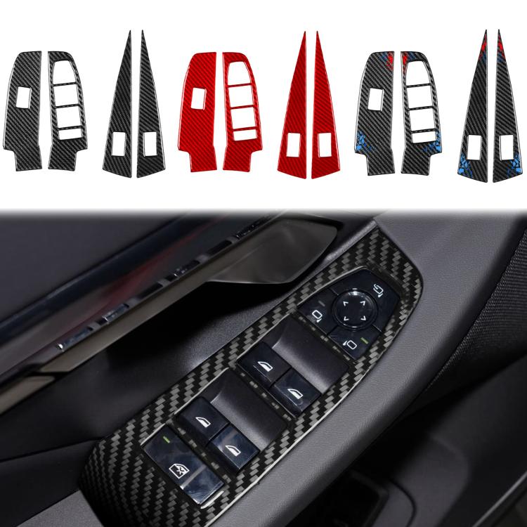 Window switch trim pieces in carbon fiber and red on a car door control panel